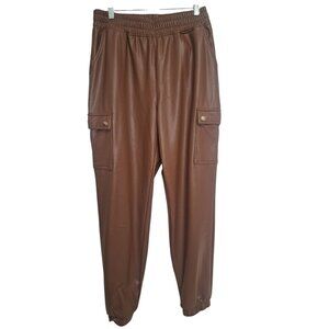 Haute Monde Faux Leather Cargo Pants Womens L Brown PU Jogger Style Streetwear